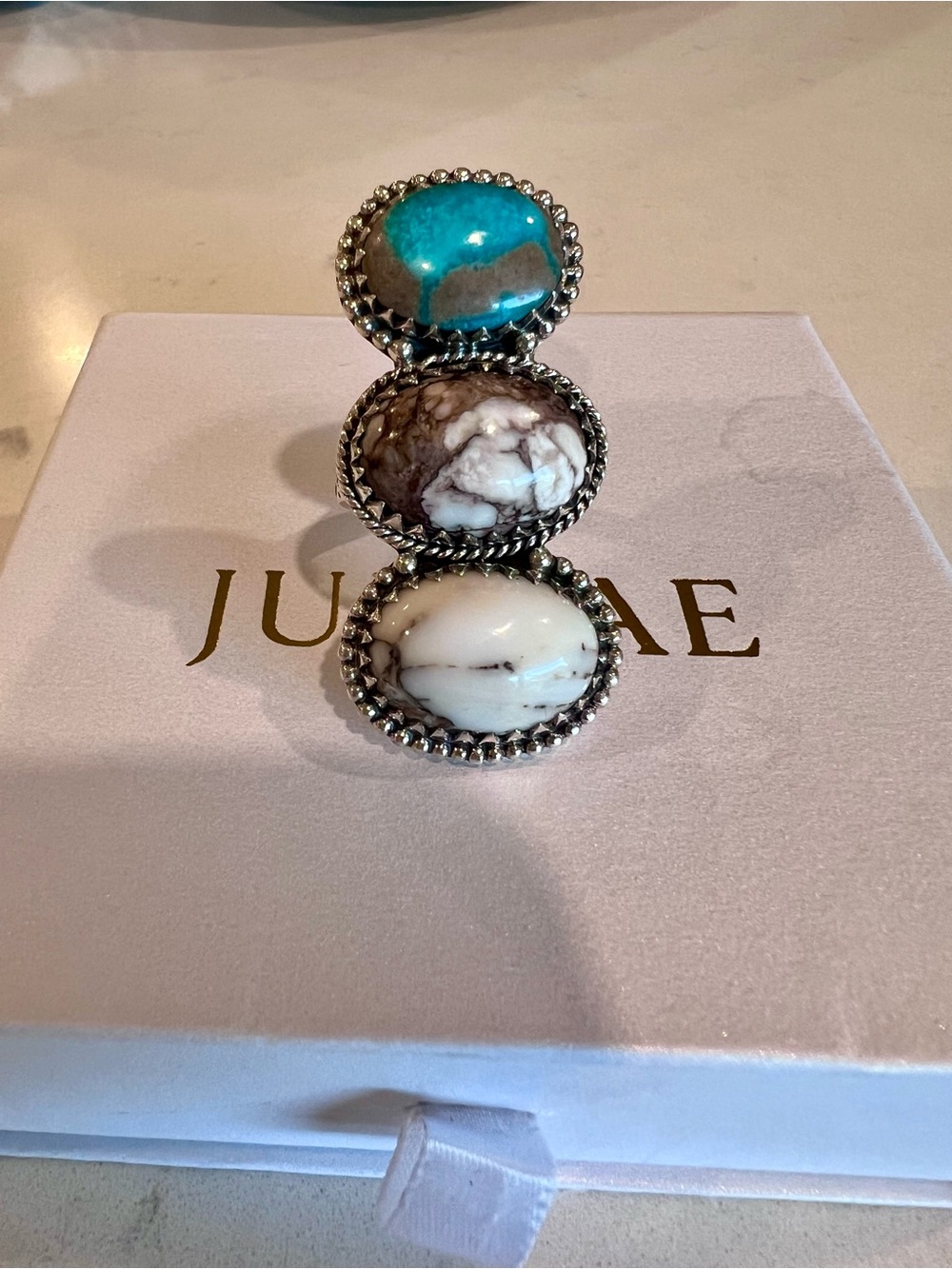 3-Stone Turquoise & Wild Horse Sterling Silver Adjustable Ring - NWOT